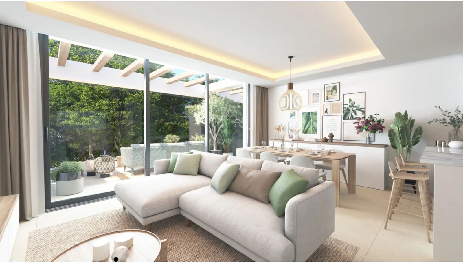 Modernes Wohn- und Esszimmer mit Blick auf den Garten.