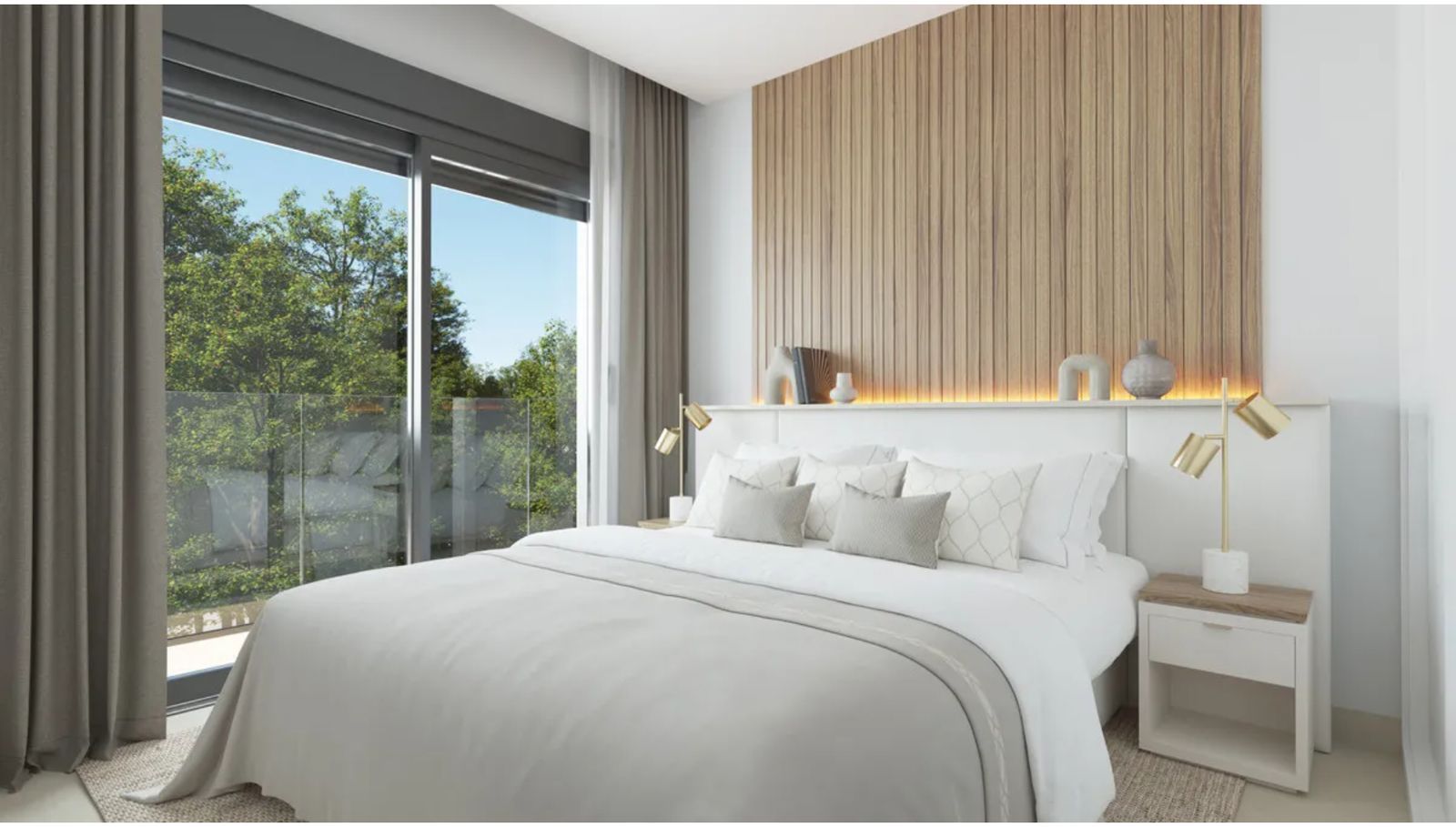 Modernes Schlafzimmer mit Balkonblick und hölzerner Akzentwand